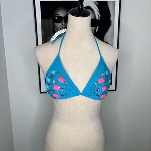 Y2K Turquoise Embellished Triangle Bikini Top
